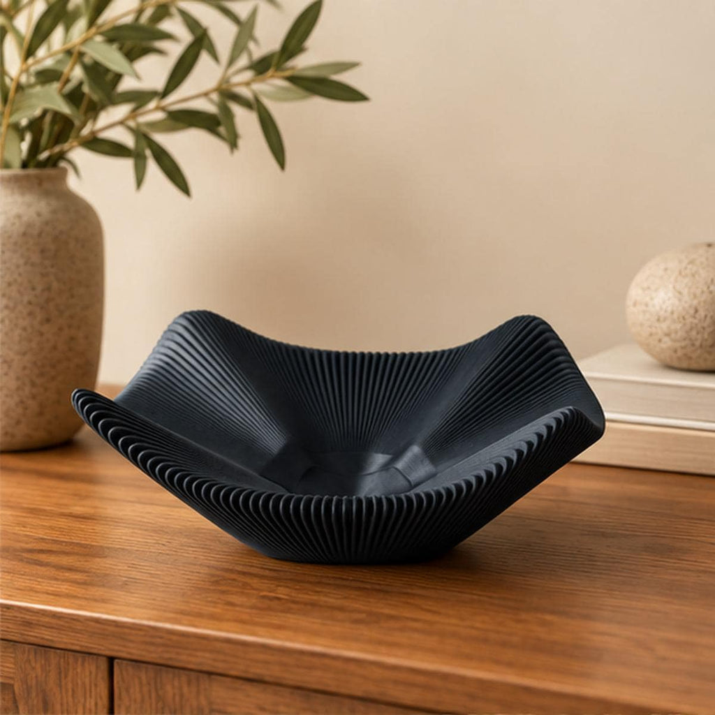 3D Printed Black Pleated Bowl, Folded Rim Sculptural Centrepiece, Japandi Decor