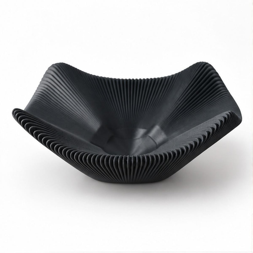 3D Printed Black Pleated Bowl, Folded Rim Sculptural Centrepiece, Japandi Decor