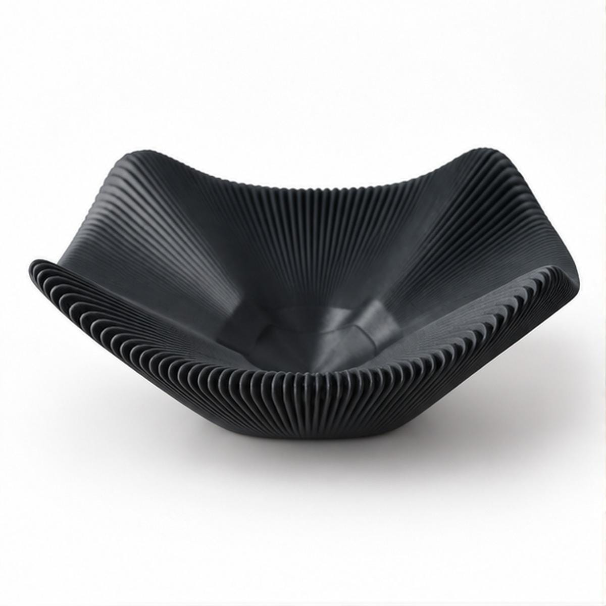 3D Printed Black Pleated Bowl, Folded Rim Sculptural Centrepiece, Japandi Decor