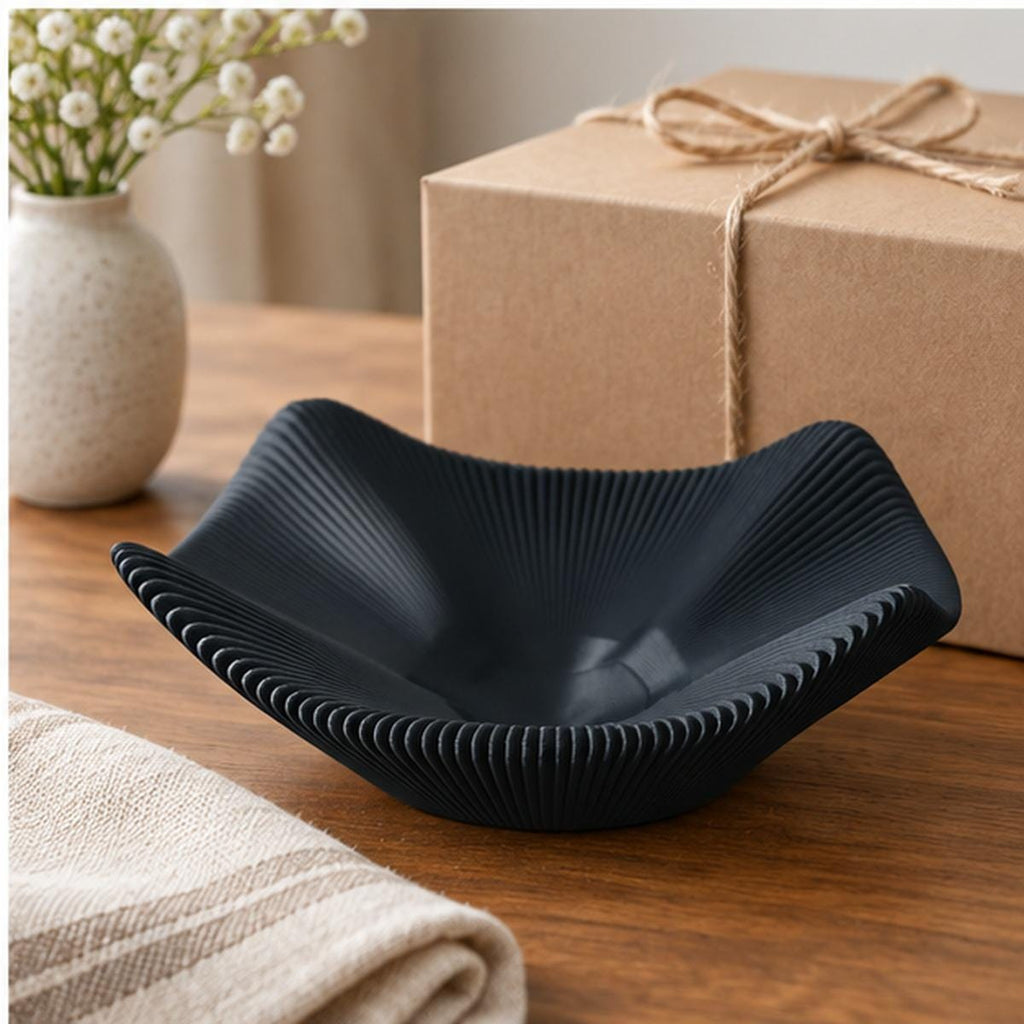 3D Printed Black Pleated Bowl, Folded Rim Sculptural Centrepiece, Japandi Decor
