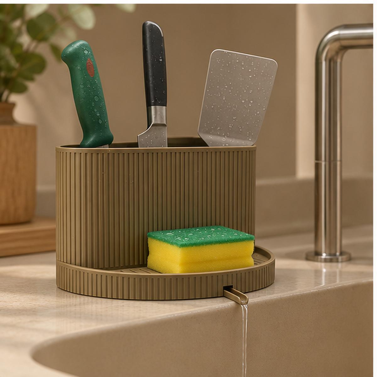 3D Printed Ribbed Sink Caddy, Draining Tray, Kitchen Utensil Holder (Taupe-Brown)