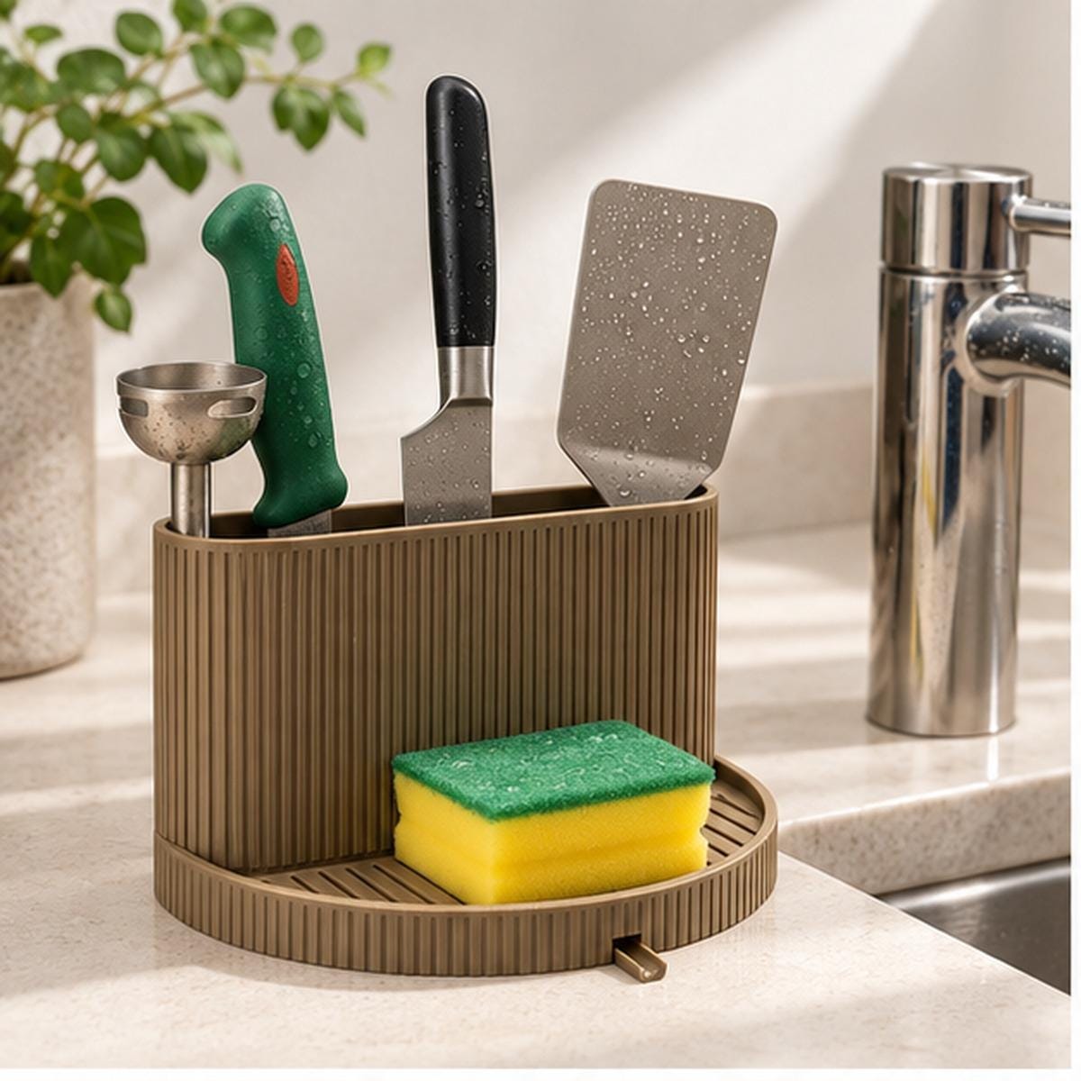3D Printed Ribbed Sink Caddy, Draining Tray, Kitchen Utensil Holder (Taupe-Brown)