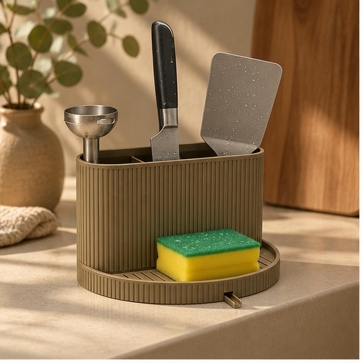 3D Printed Ribbed Sink Caddy, Draining Tray, Kitchen Utensil Holder (Taupe-Brown)