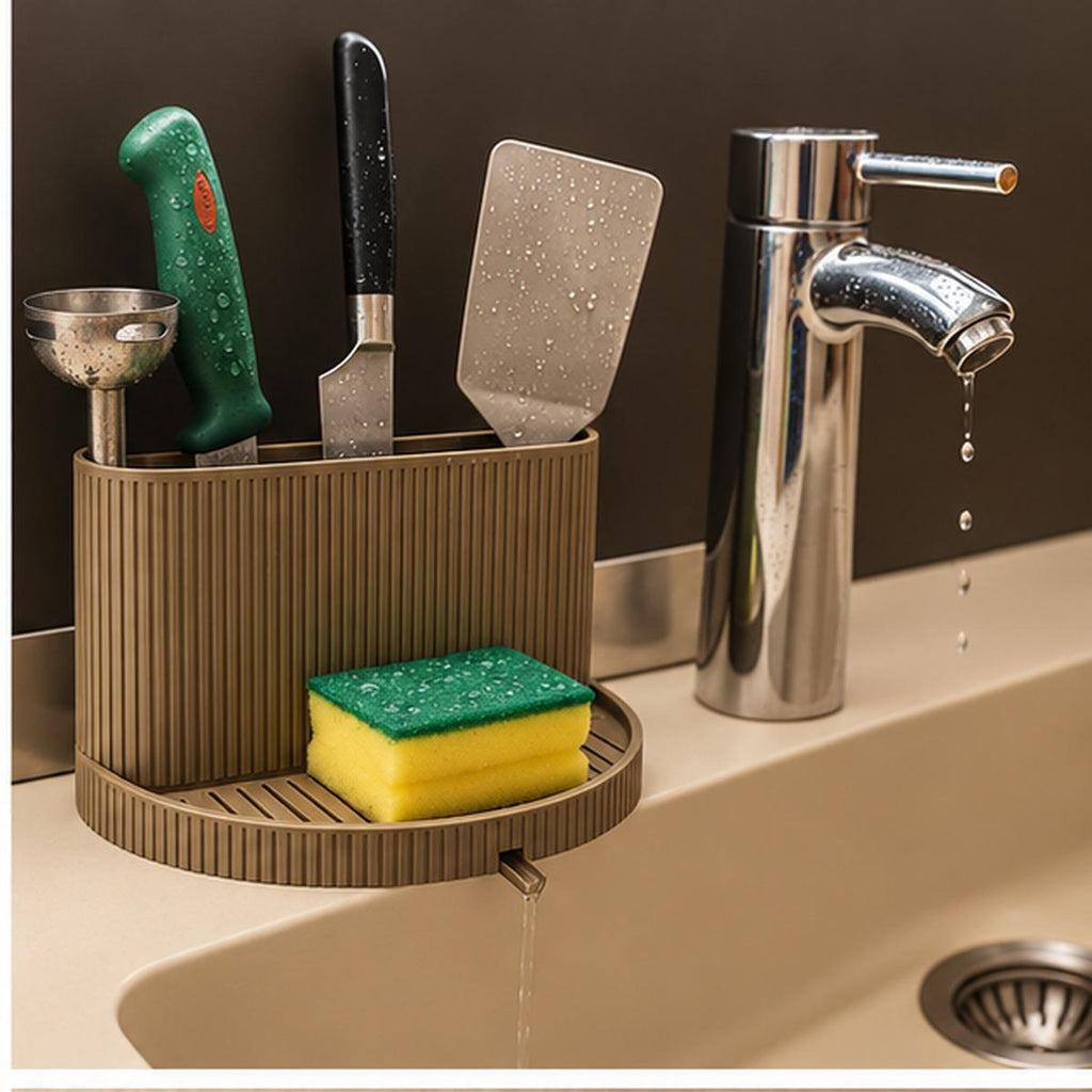 3D Printed Ribbed Sink Caddy, Draining Tray, Kitchen Utensil Holder (Taupe-Brown)