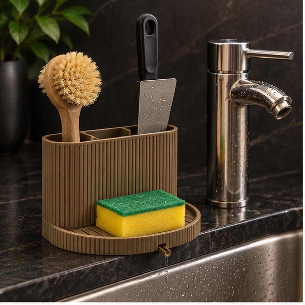3D Printed Ribbed Sink Caddy, Draining Tray, Kitchen Utensil Holder (Taupe-Brown)