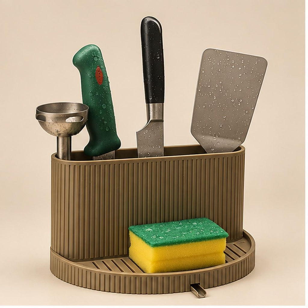 3D Printed Ribbed Sink Caddy, Draining Tray, Kitchen Utensil Holder (Taupe-Brown)