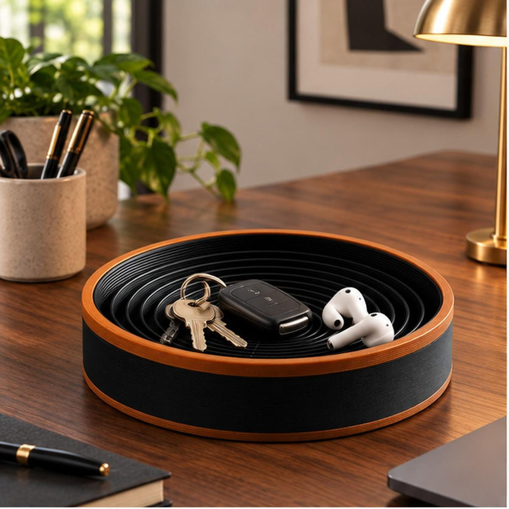 3D Printed Spiral Catchall Tray, Black & Copper Valet Dish, Modern Desk Organiser