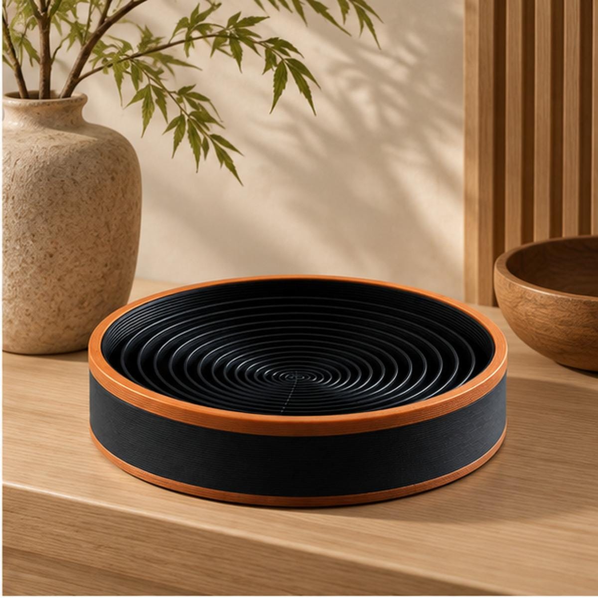 3D Printed Spiral Catchall Tray, Black & Copper Valet Dish, Modern Desk Organiser