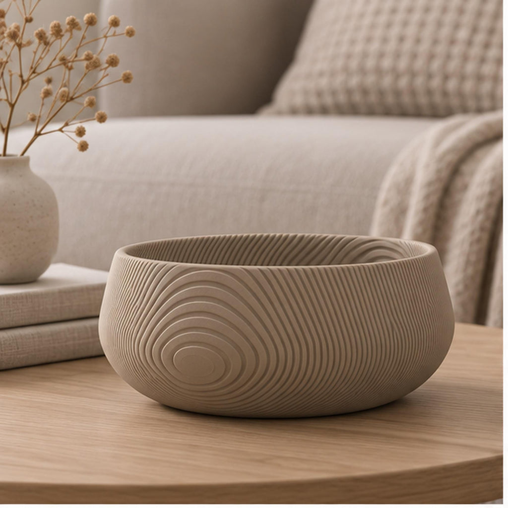 3D Printed Beige Contour Bowl, Japandi Organic Modern Decor, Textured Centrepiece