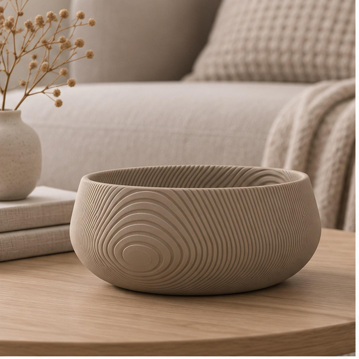 3D Printed Beige Contour Bowl, Japandi Organic Modern Decor, Textured Centrepiece