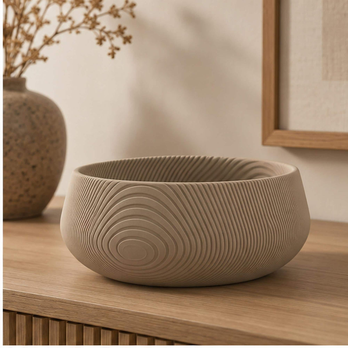 3D Printed Beige Contour Bowl, Japandi Organic Modern Decor, Textured Centrepiece
