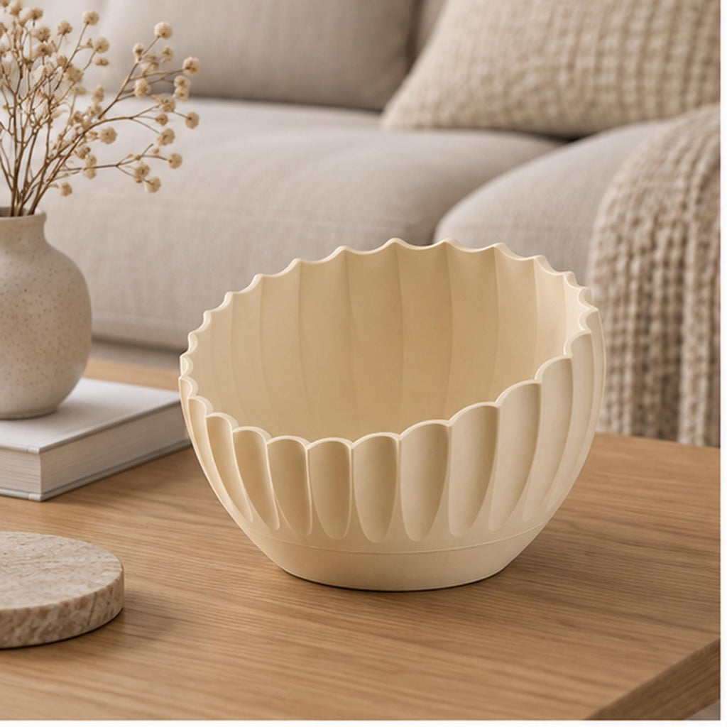 Ivory Pleated Sculptural Bowl, Scalloped Rim, 3D Printed Japandi Decor