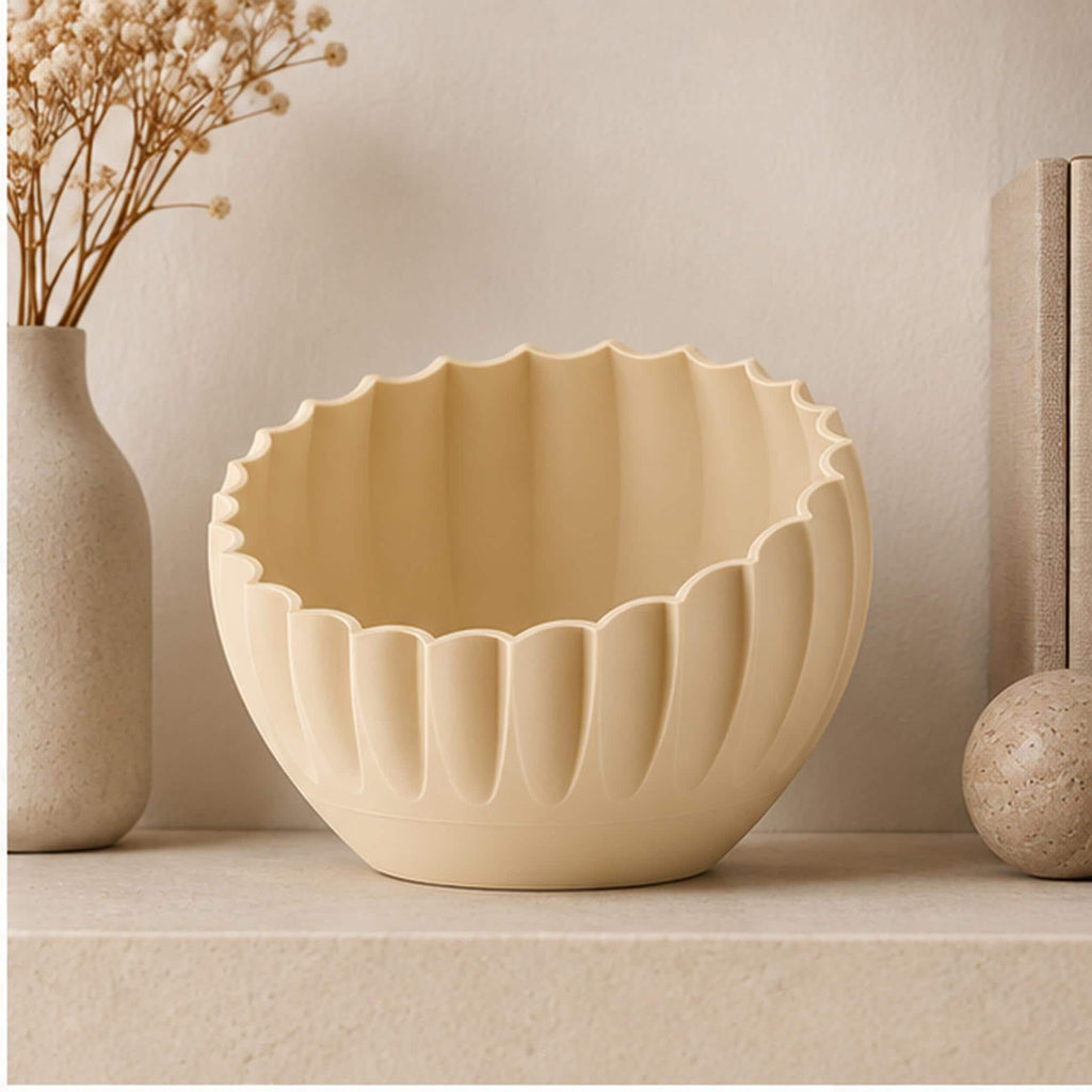 Ivory Pleated Sculptural Bowl, Scalloped Rim, 3D Printed Japandi Decor