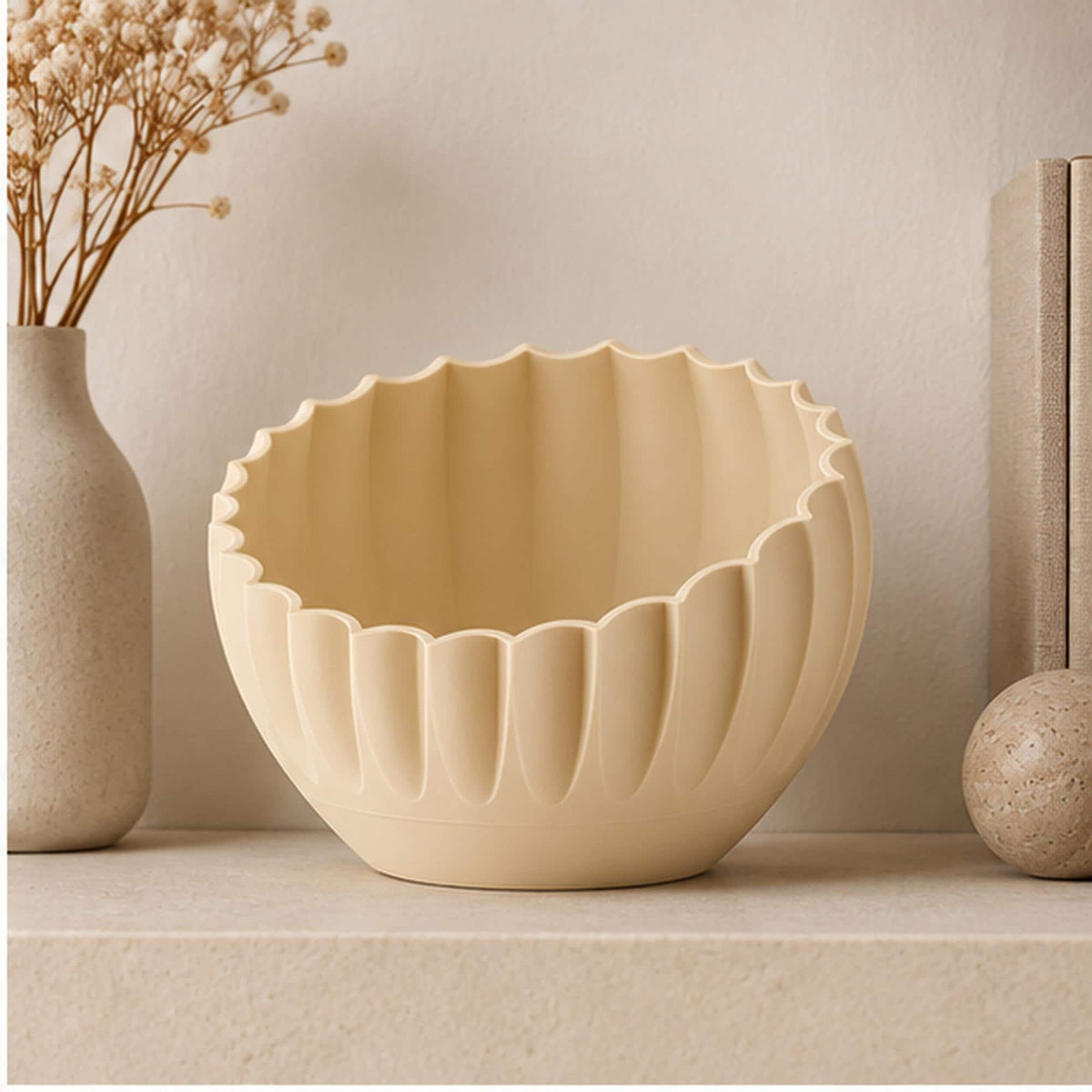 Ivory Pleated Sculptural Bowl, Scalloped Rim, 3D Printed Japandi Decor