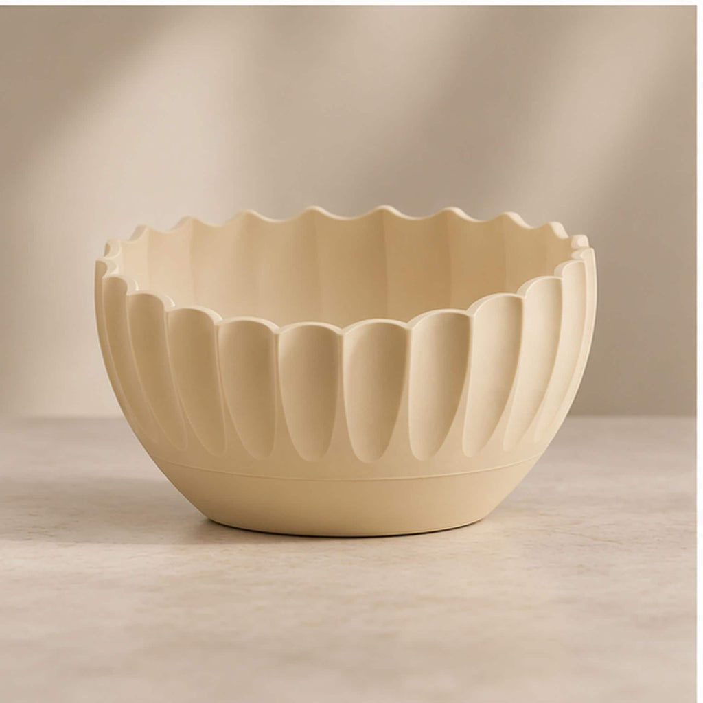 Ivory Pleated Sculptural Bowl, Scalloped Rim, 3D Printed Japandi Decor