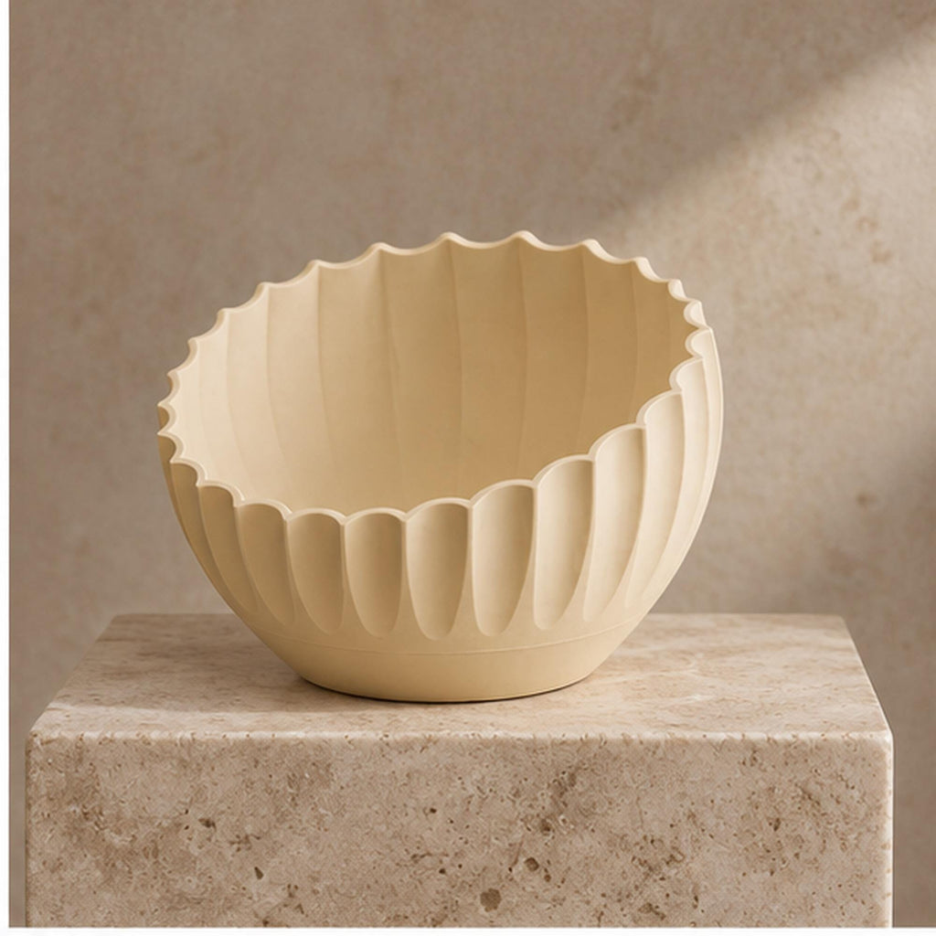 Ivory Pleated Sculptural Bowl, Scalloped Rim, 3D Printed Japandi Decor