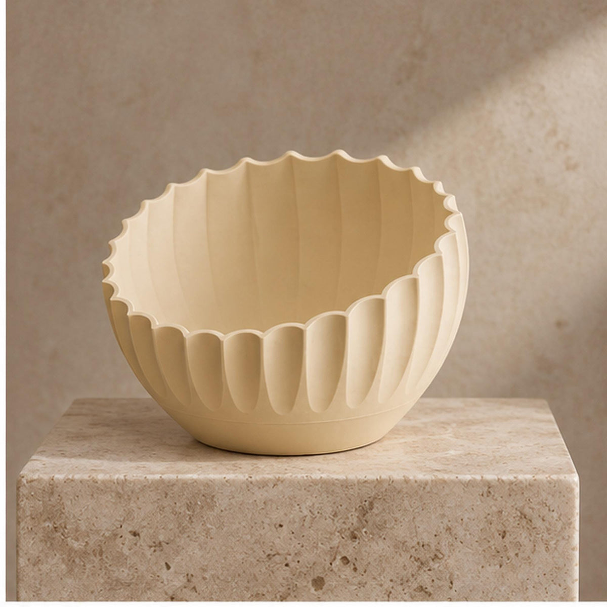 Ivory Pleated Sculptural Bowl, Scalloped Rim, 3D Printed Japandi Decor