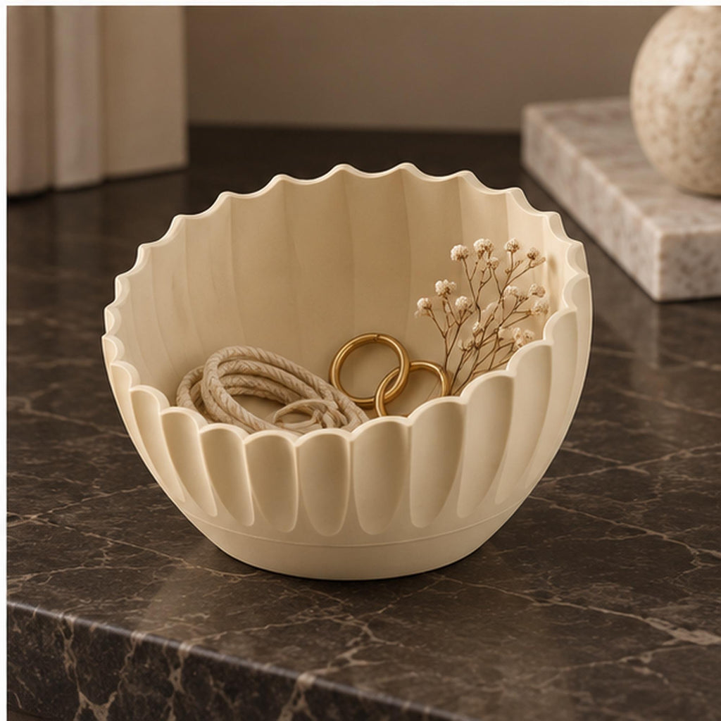 Ivory Pleated Sculptural Bowl, Scalloped Rim, 3D Printed Japandi Decor