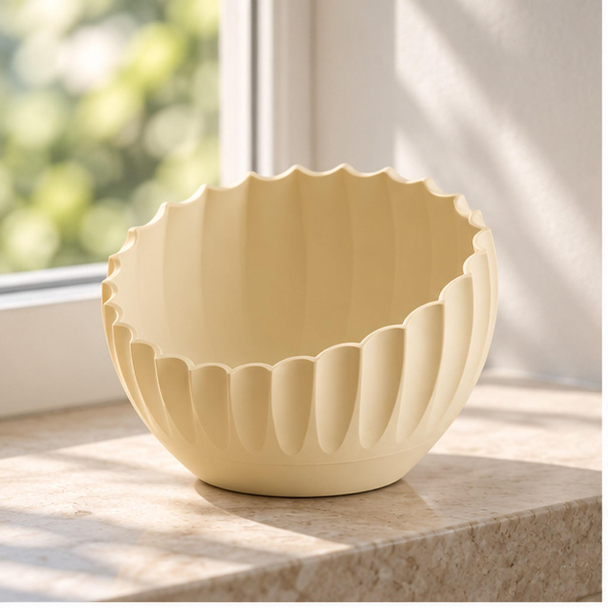 Ivory Pleated Sculptural Bowl, Scalloped Rim, 3D Printed Japandi Decor