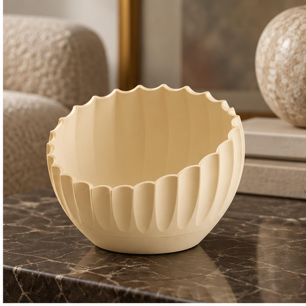 Ivory Pleated Sculptural Bowl, Scalloped Rim, 3D Printed Japandi Decor