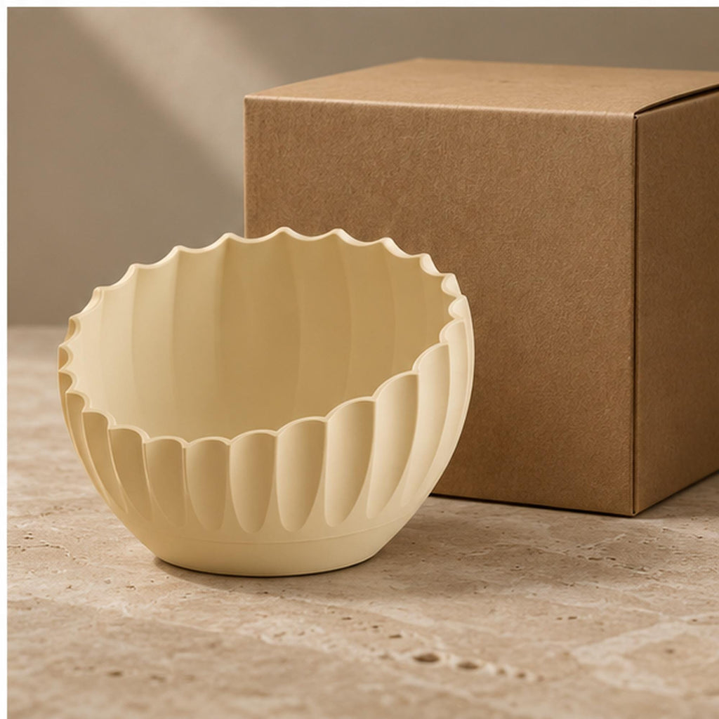 Ivory Pleated Sculptural Bowl, Scalloped Rim, 3D Printed Japandi Decor