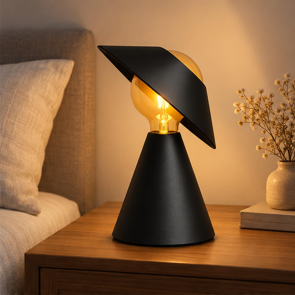 Sculptural 3D Printed Table Lamp, Matte Black Tilt Shade, Modern Accent Light