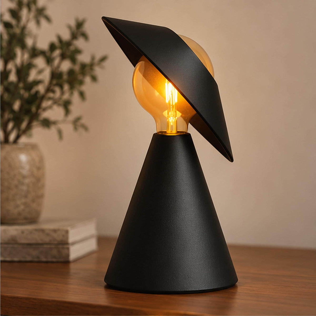 Sculptural 3D Printed Table Lamp, Matte Black Tilt Shade, Modern Accent Light