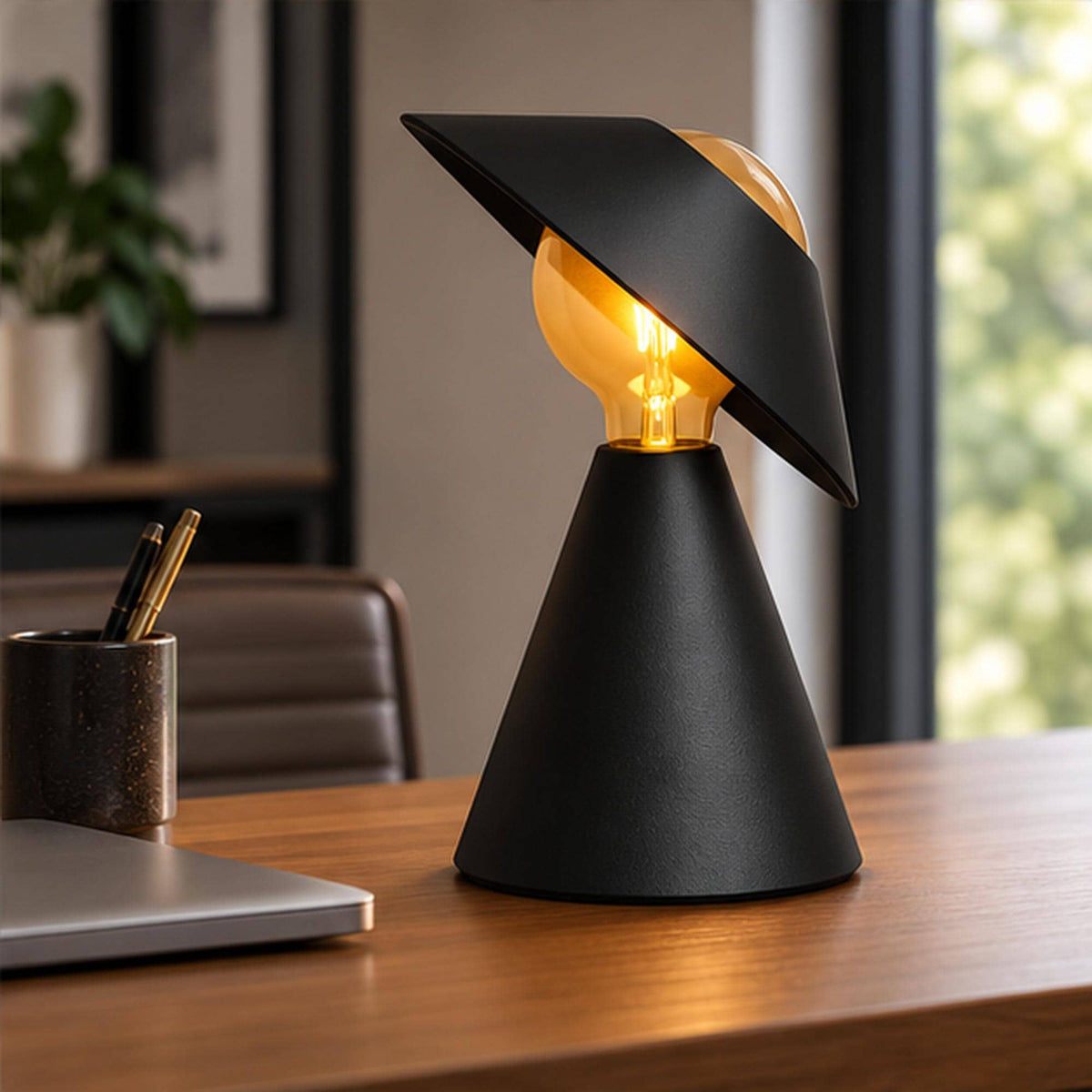 Sculptural 3D Printed Table Lamp, Matte Black Tilt Shade, Modern Accent Light