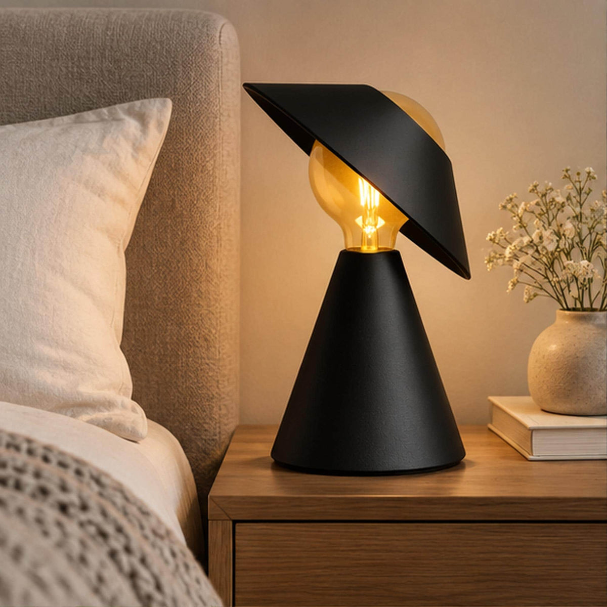Sculptural 3D Printed Table Lamp, Matte Black Tilt Shade, Modern Accent Light