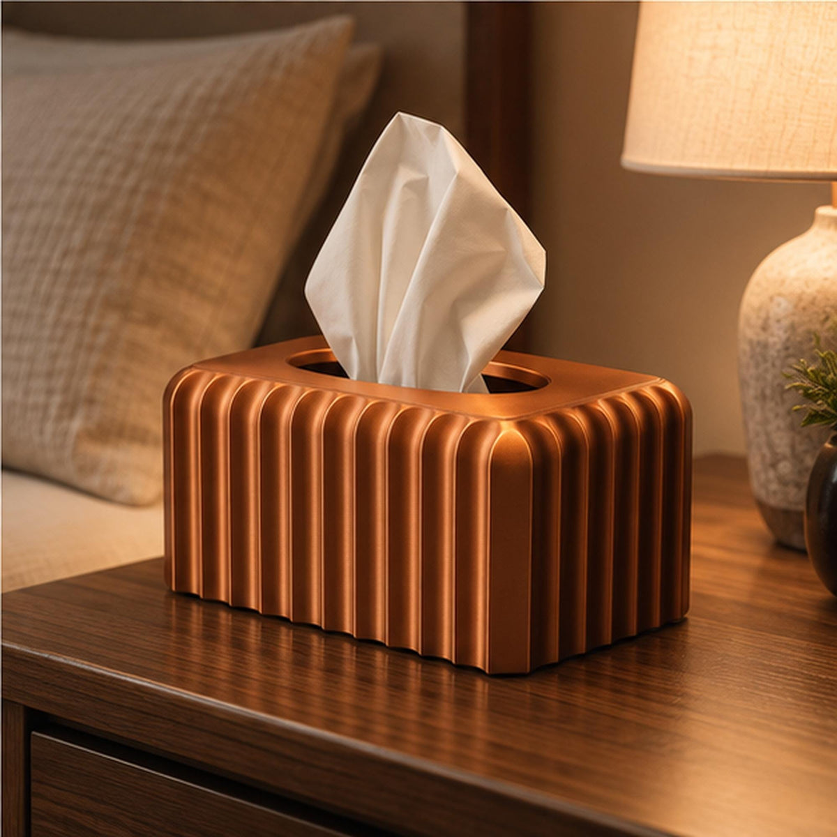 3D Printed Ribbed Copper Tissue Box Cover, Modern Bathroom Decor, Bronze Accent