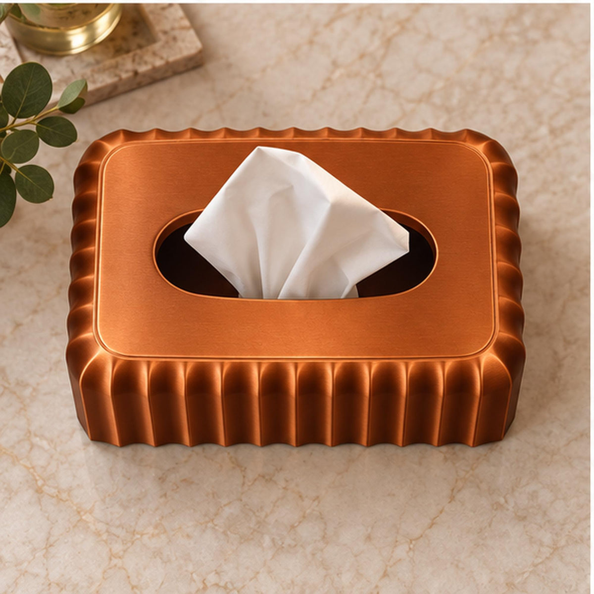 3D Printed Ribbed Copper Tissue Box Cover, Modern Bathroom Decor, Bronze Accent