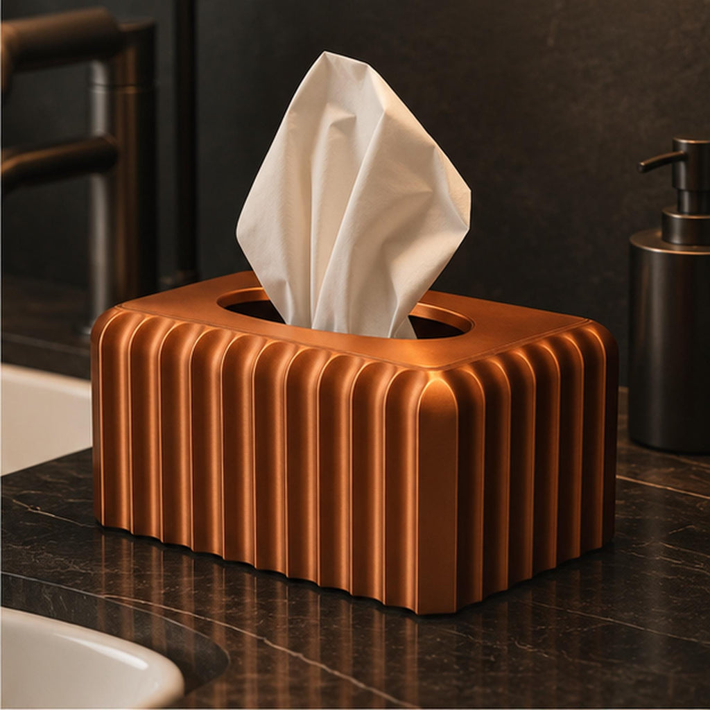 3D Printed Ribbed Copper Tissue Box Cover, Modern Bathroom Decor, Bronze Accent