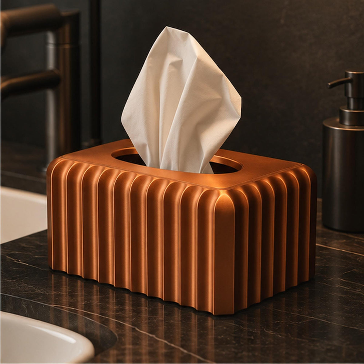 3D Printed Ribbed Copper Tissue Box Cover, Modern Bathroom Decor, Bronze Accent