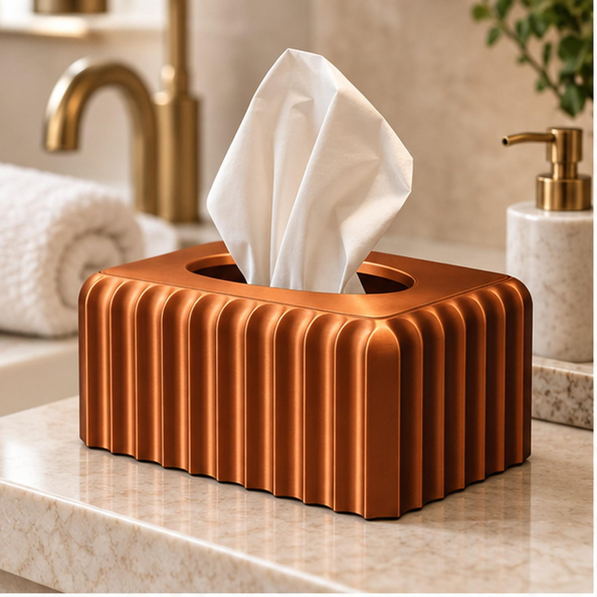 3D Printed Ribbed Copper Tissue Box Cover, Modern Bathroom Decor, Bronze Accent