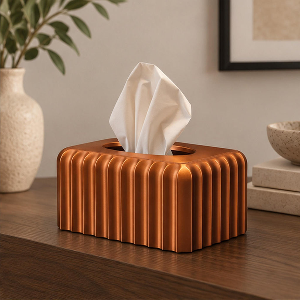 3D Printed Ribbed Copper Tissue Box Cover, Modern Bathroom Decor, Bronze Accent