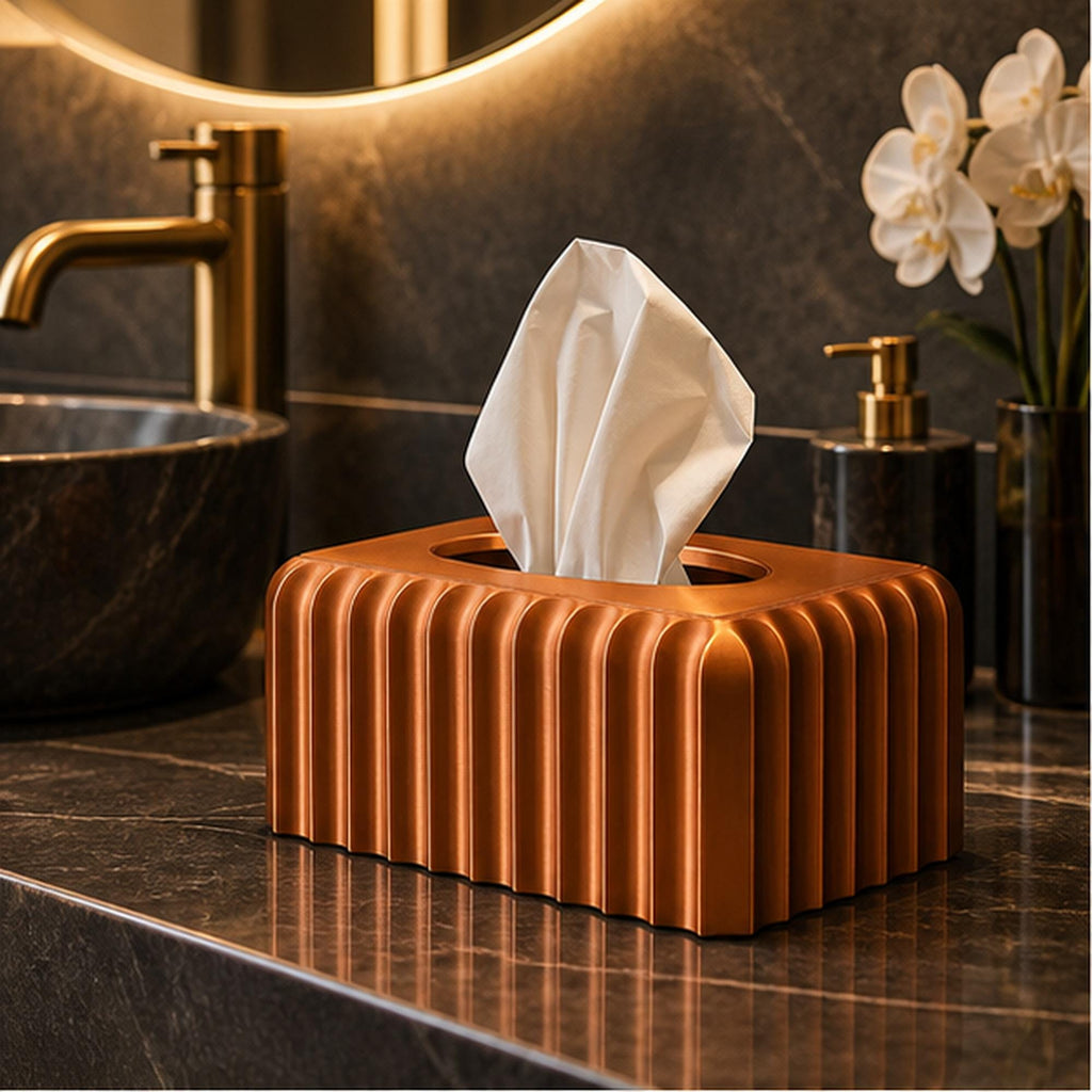 3D Printed Ribbed Copper Tissue Box Cover, Modern Bathroom Decor, Bronze Accent