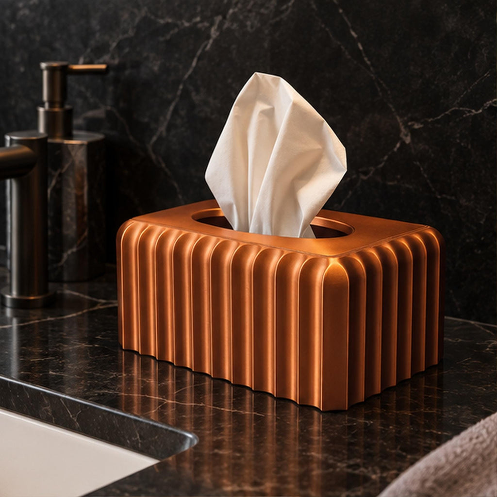 3D Printed Ribbed Copper Tissue Box Cover, Modern Bathroom Decor, Bronze Accent