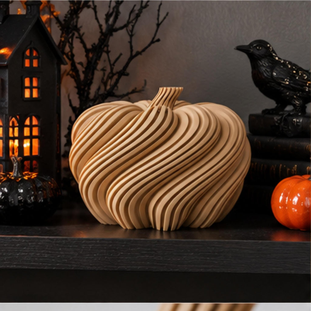 3D Printed Spiral Pumpkin Sculpture, Modern Autumn Shelf Decor, Halloween Mantel Ornament