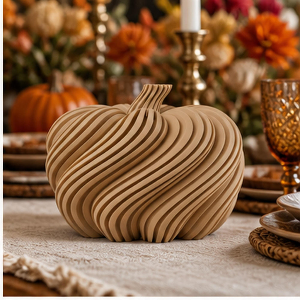 3D Printed Spiral Pumpkin Sculpture, Modern Autumn Shelf Decor, Halloween Mantel Ornament