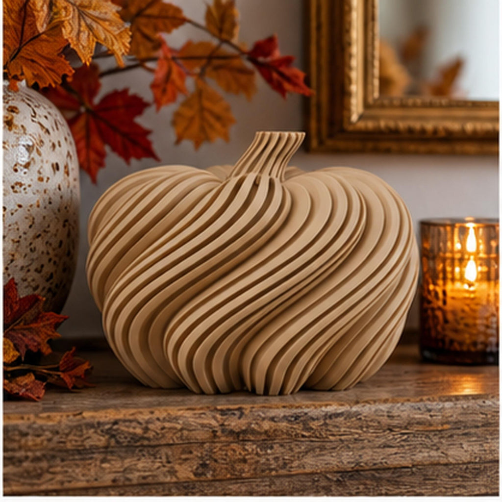 3D Printed Spiral Pumpkin Sculpture, Modern Autumn Shelf Decor, Halloween Mantel Ornament