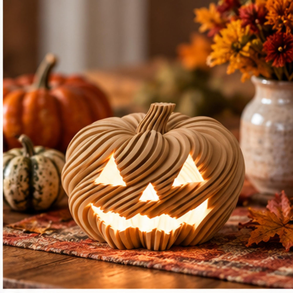 3D Printed Twisted Pumpkin Jack O Lantern Tealight Holder, Halloween Shelf Decor