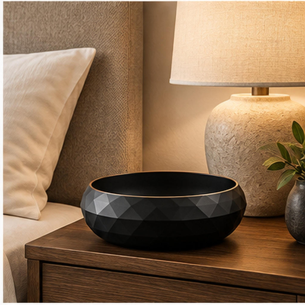 3D Printed Geometric Catchall Bowl, Modern Black Faceted Entryway Decor, Desk Organizer (Housewarming Gift)