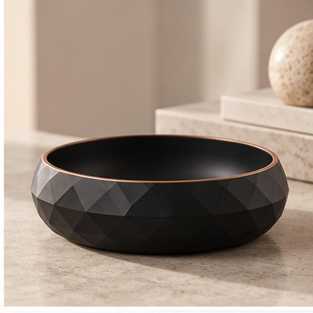 3D Printed Geometric Catchall Bowl, Modern Black Faceted Entryway Decor, Desk Organizer (Housewarming Gift)