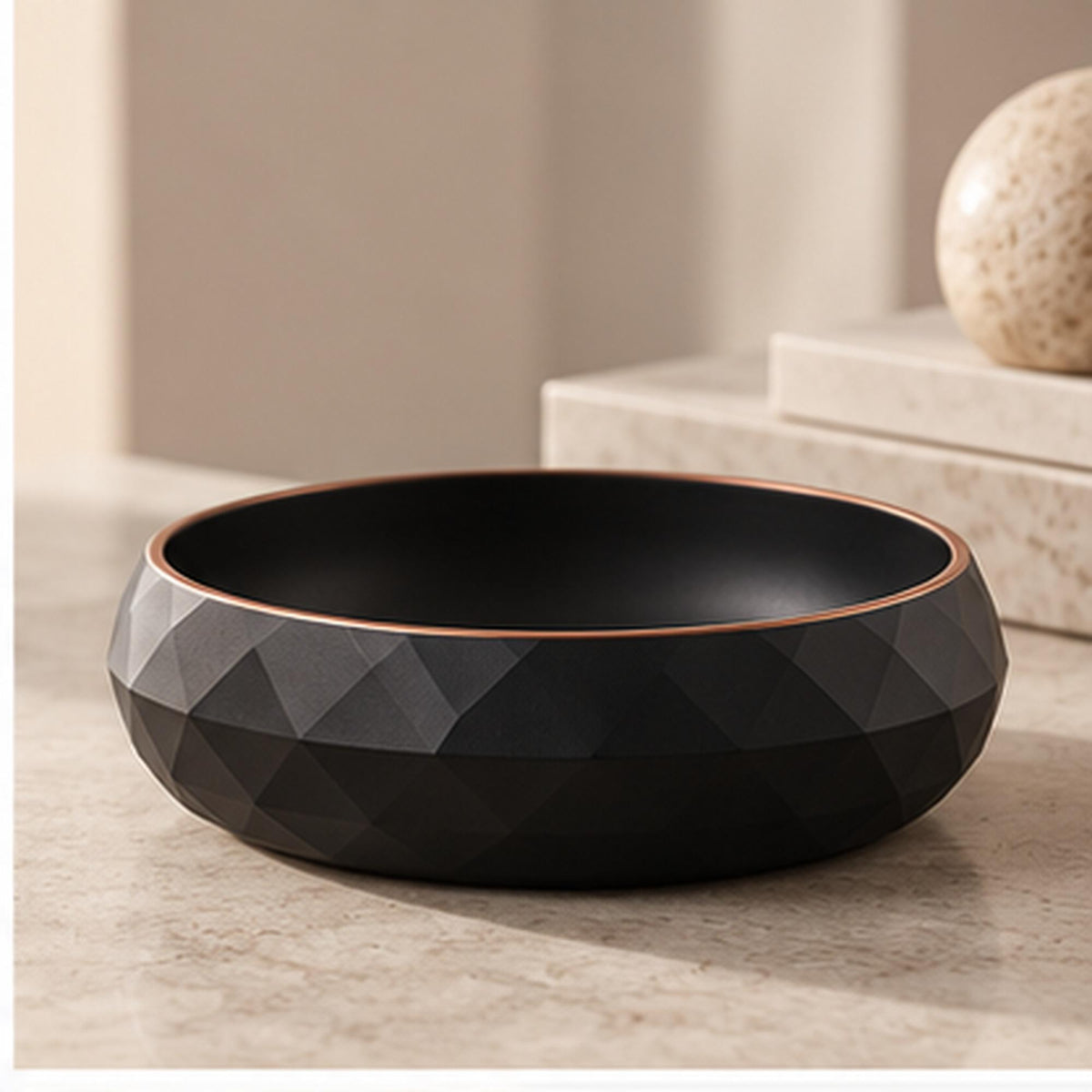 3D Printed Geometric Catchall Bowl, Modern Black Faceted Entryway Decor, Desk Organizer (Housewarming Gift)