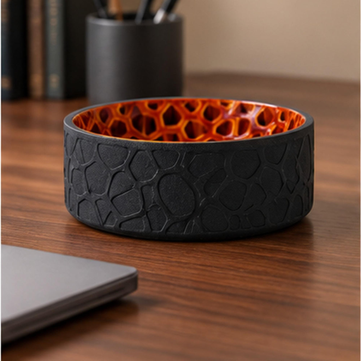 3D Printed Voronoi Bowl, Black & Copper Geometric Catchall, Japandi Decor (PLA)