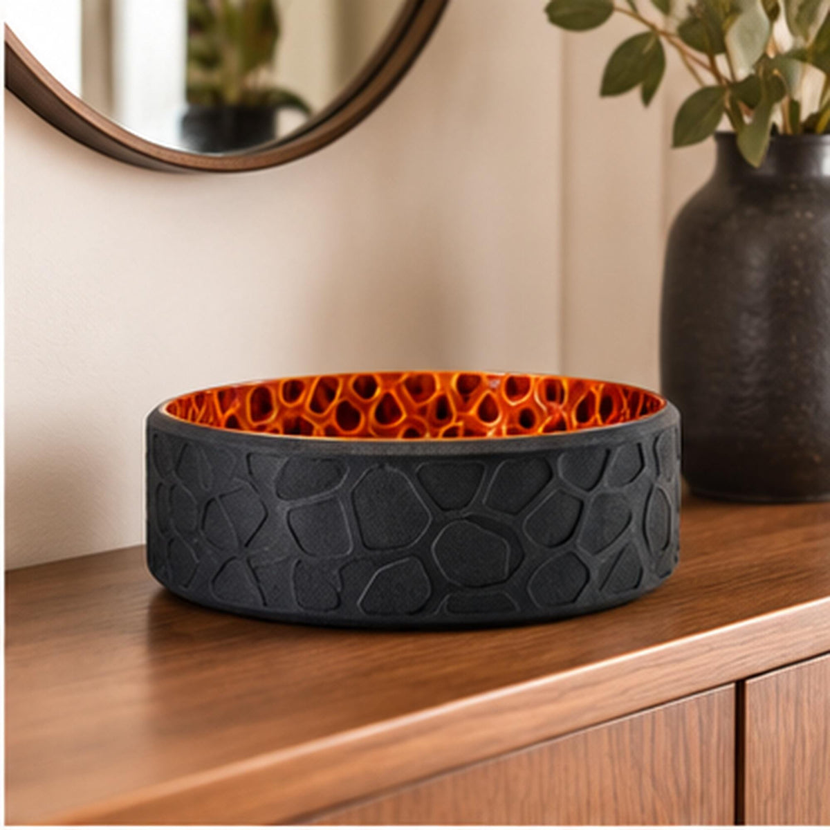 3D Printed Voronoi Bowl, Black & Copper Geometric Catchall, Japandi Decor (PLA)