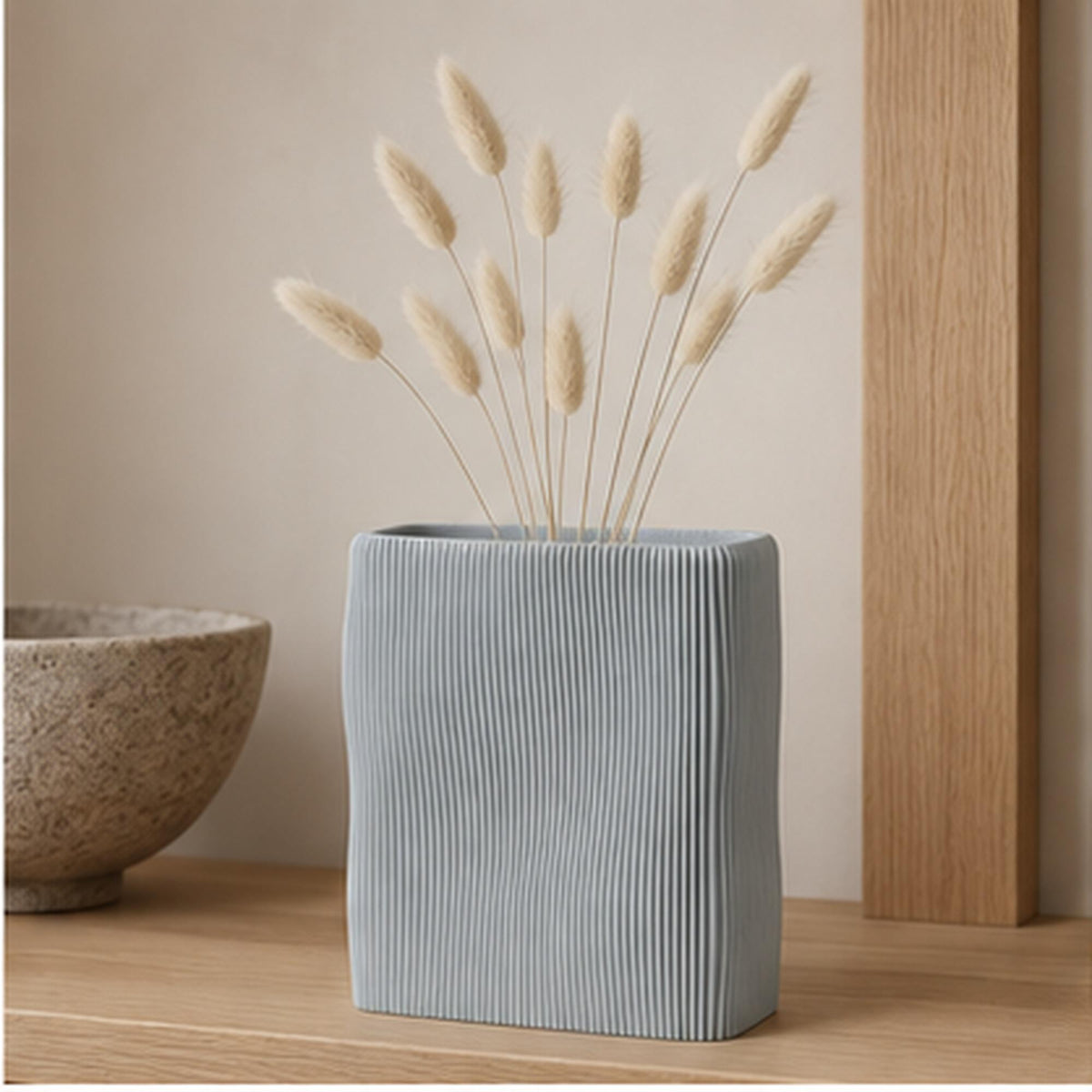 3D Printed Wave Vase, Ribbed Japandi Home Decor, Neutral Tabletop Centrepiece