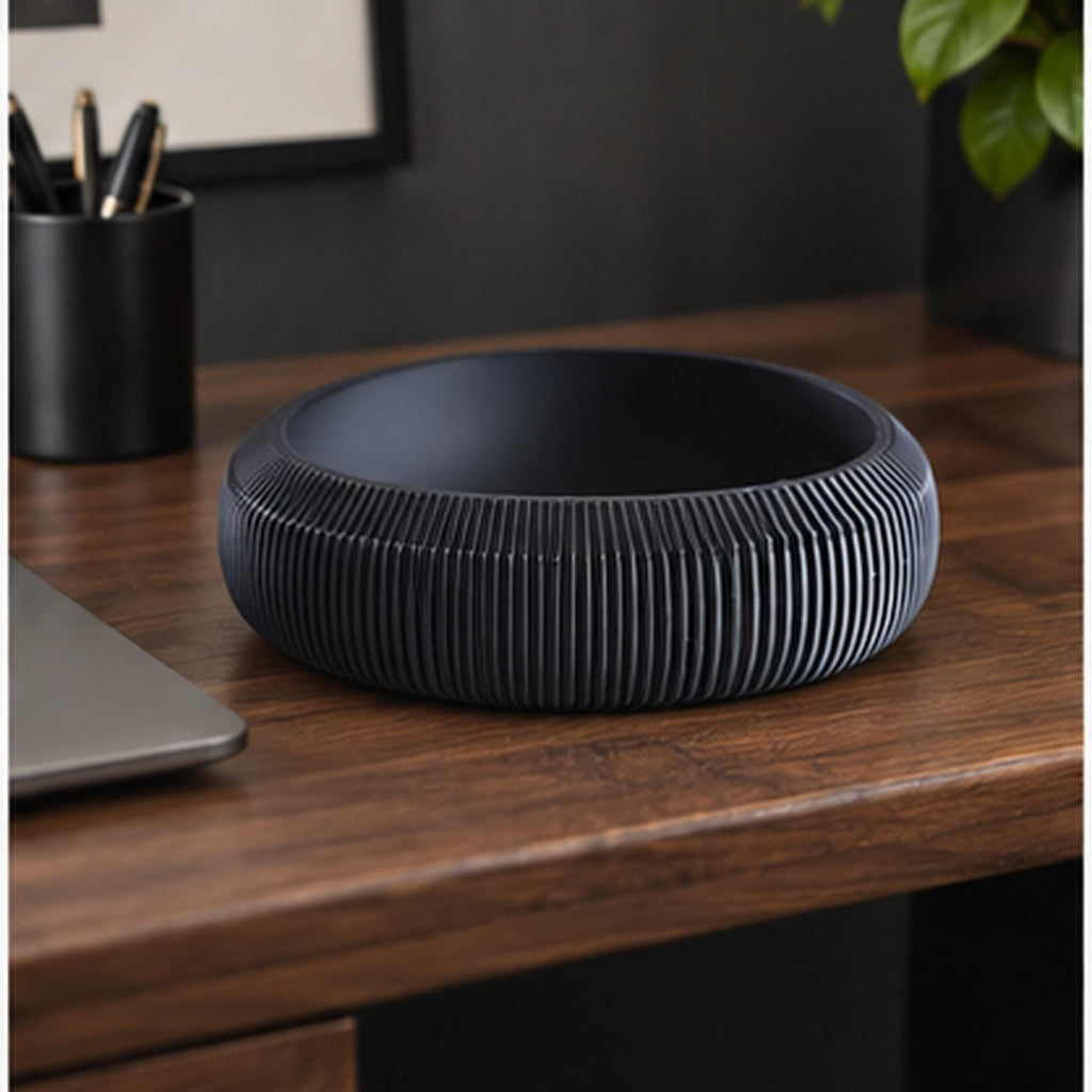 3D Printed Pleated Sculptural Bowl, Modern Black Japandi Centerpiece, Architectural Decor