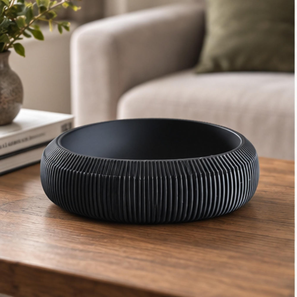 3D Printed Pleated Sculptural Bowl, Modern Black Japandi Centerpiece, Architectural Decor