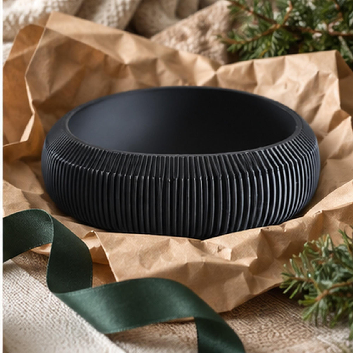3D Printed Pleated Sculptural Bowl, Modern Black Japandi Centerpiece, Architectural Decor